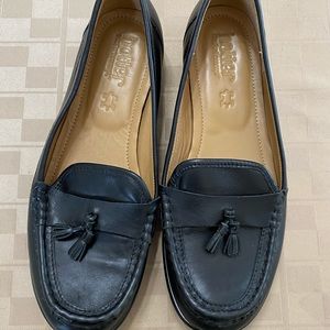 Hotter Comfort Abbeyville Womens Black Leather Faux Hair‎ Loafers Size 8.5 EUC.